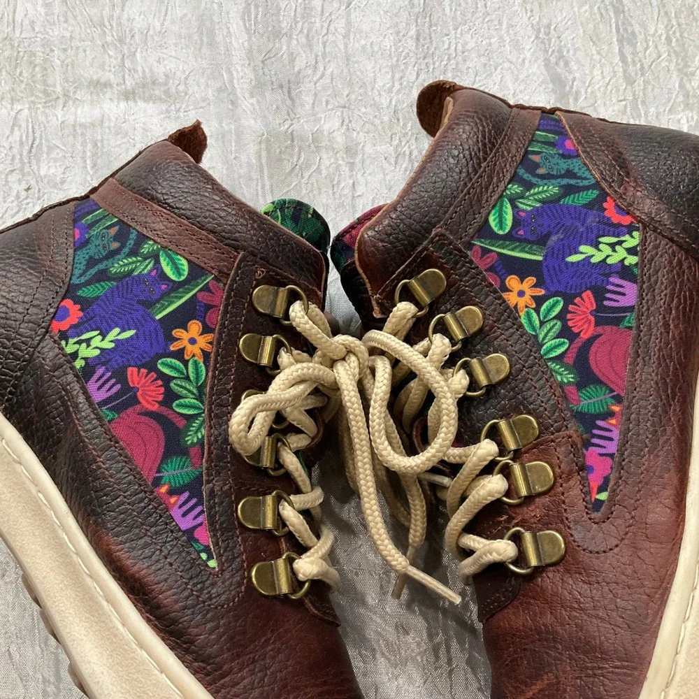 Inkkas Brown Leather Floral Cat Print High Top Sneakers Boots Womens 10 Mens 8